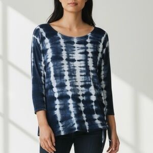 CHICOS Size 2 US L Tie-Dye Top Side Tie Cotton Modal Navy Blue Soft Knit Shirt